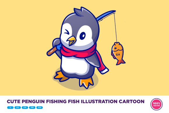 Download Cute Penguin Fishing Fish Illustration - Illustration Collection